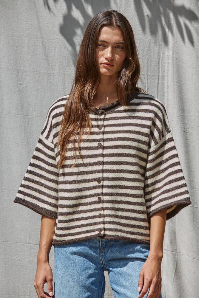 Knit Sweater Striped Quarter Sleeve Cardigan