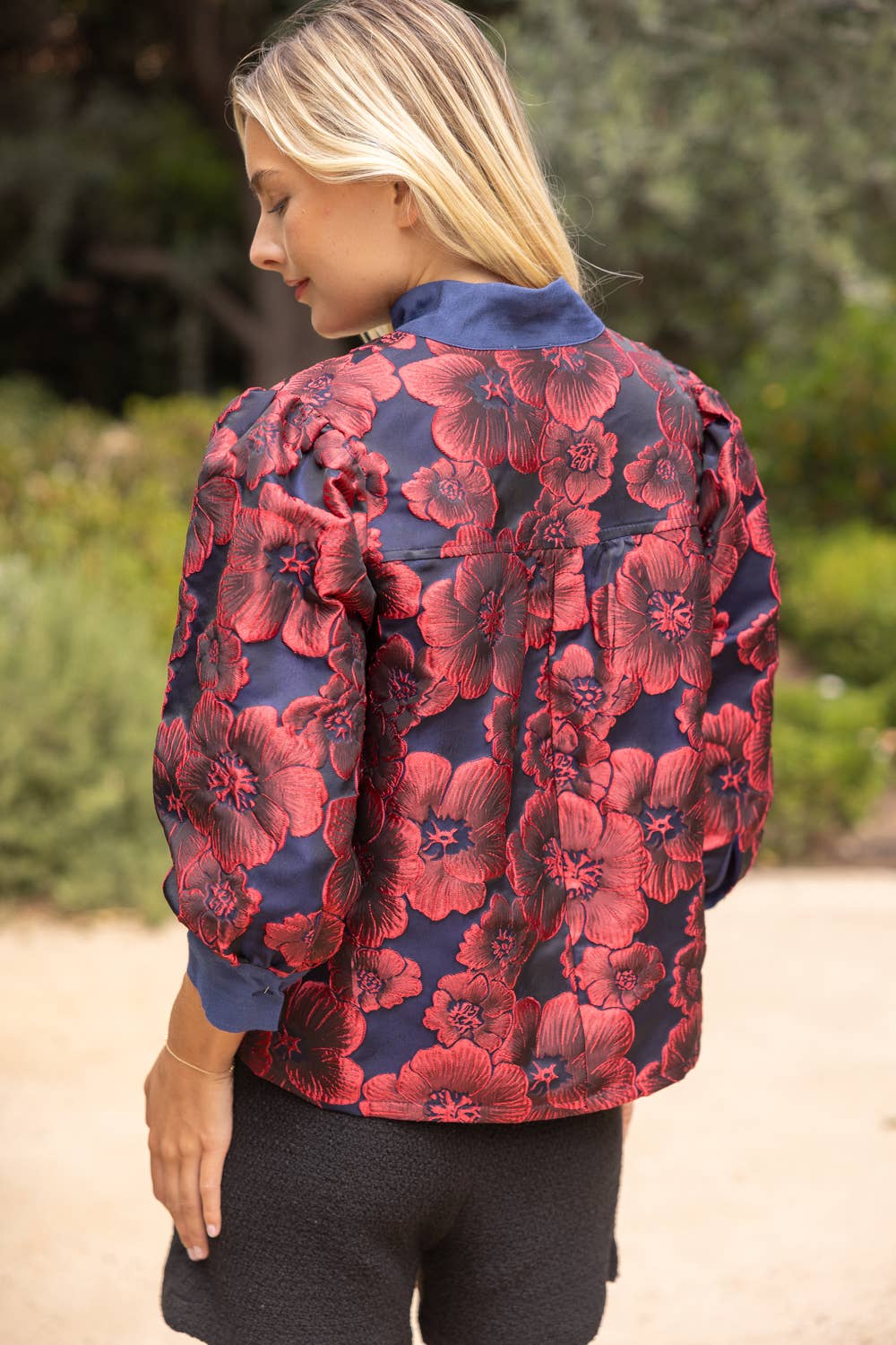 Half Pearl Button Down Floral Jacquard Top