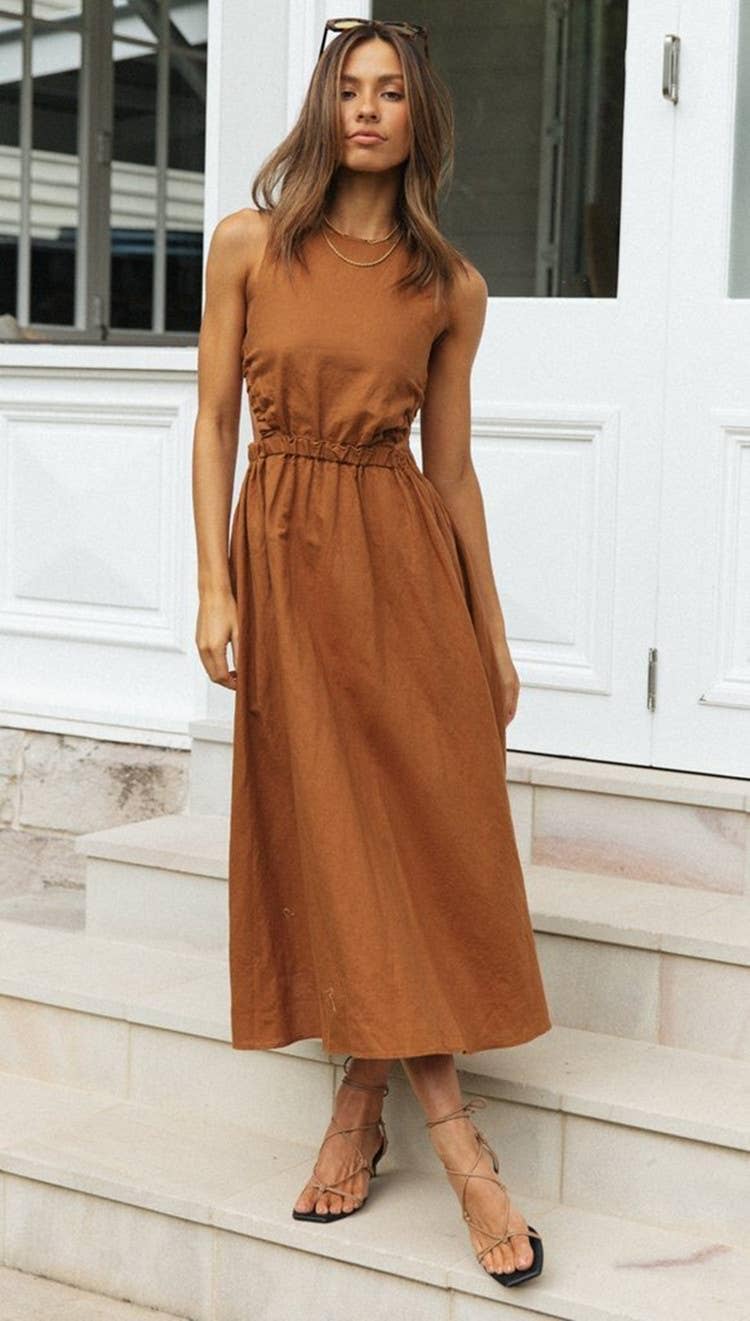 Ladies Elastic Strape Back Sleeveless Midi Dres