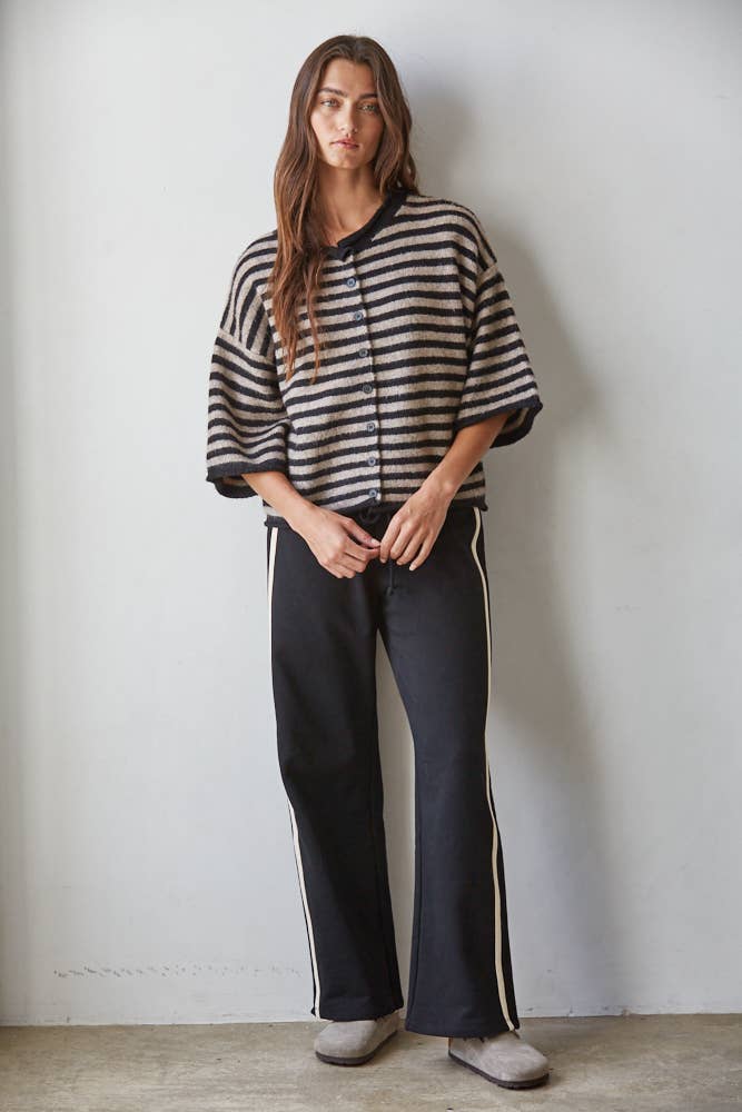 Knit Sweater Striped Quarter Sleeve Cardigan