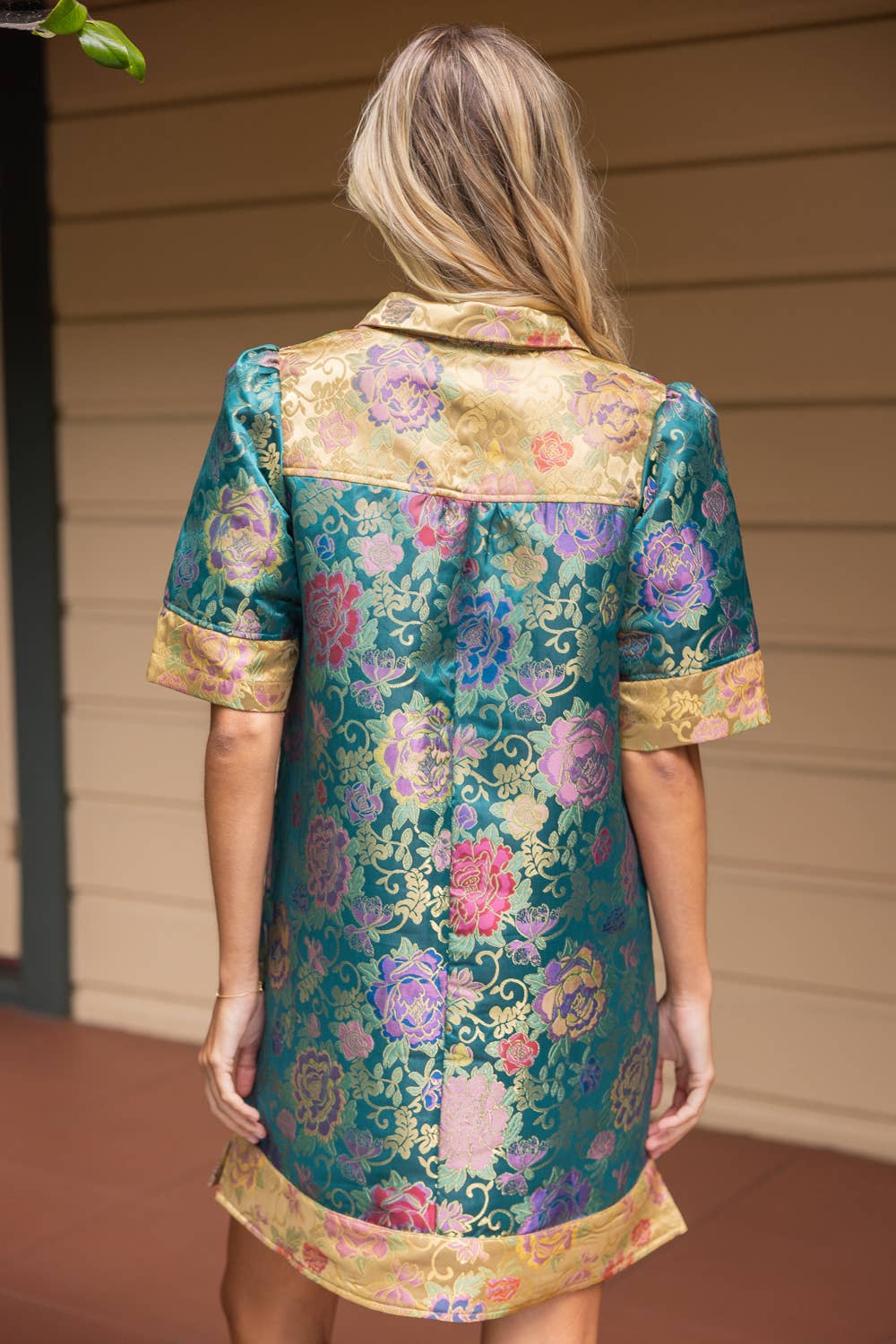Color Block Collared Floral Jacquard Dress