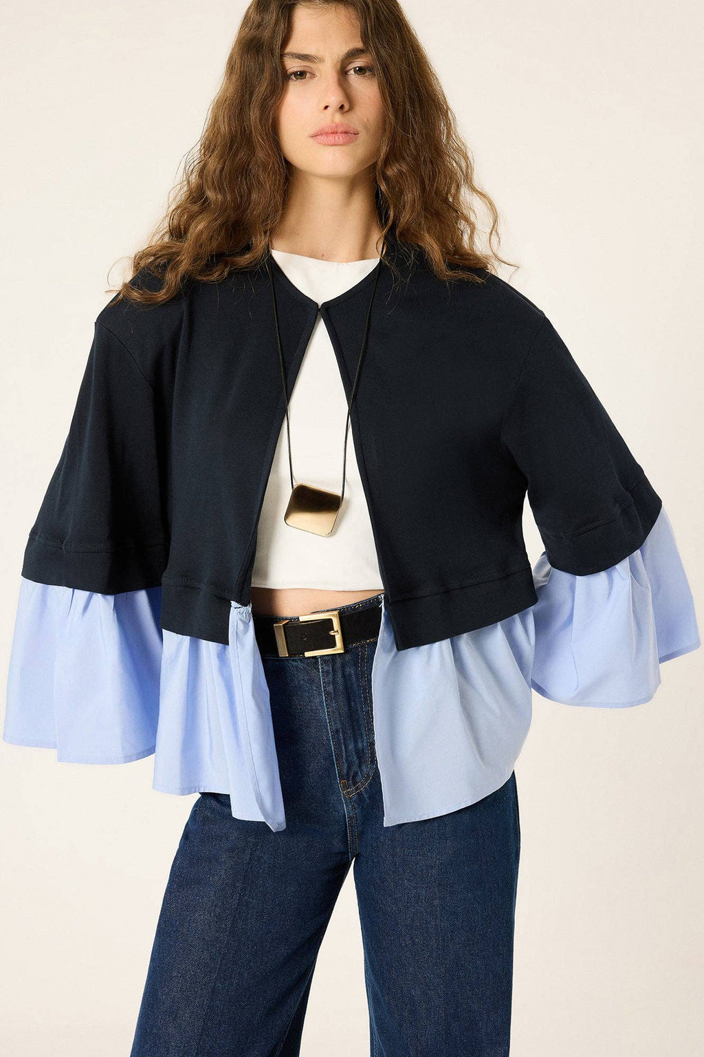 Layered Knit & Poplin Ruffle Jacket