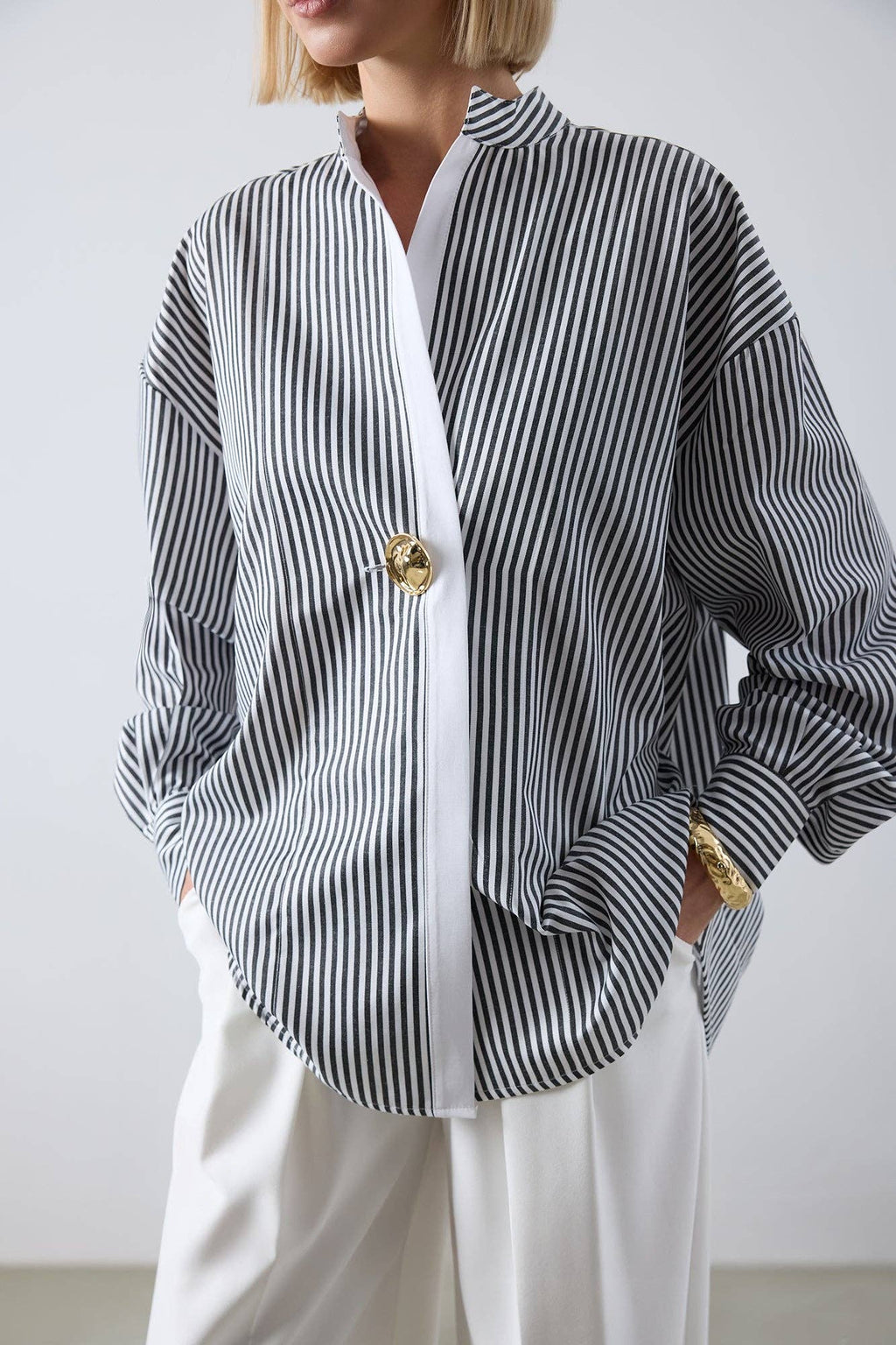 Striped Asymmetric Tunic Shirt - Cotton Blend Oversized