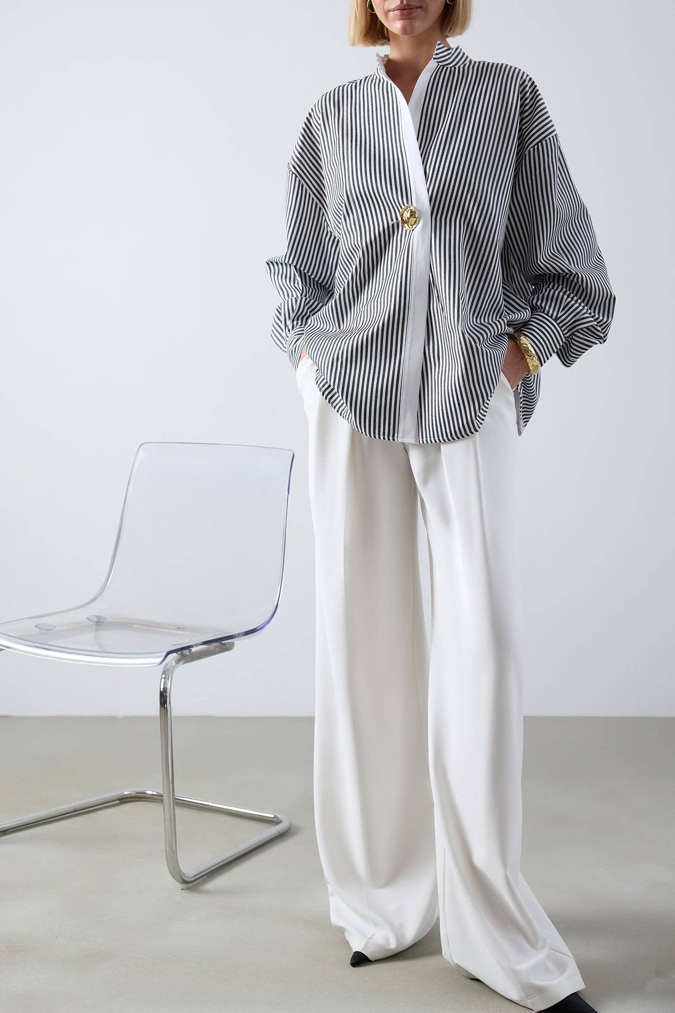 Striped Asymmetric Tunic Shirt - Cotton Blend Oversized