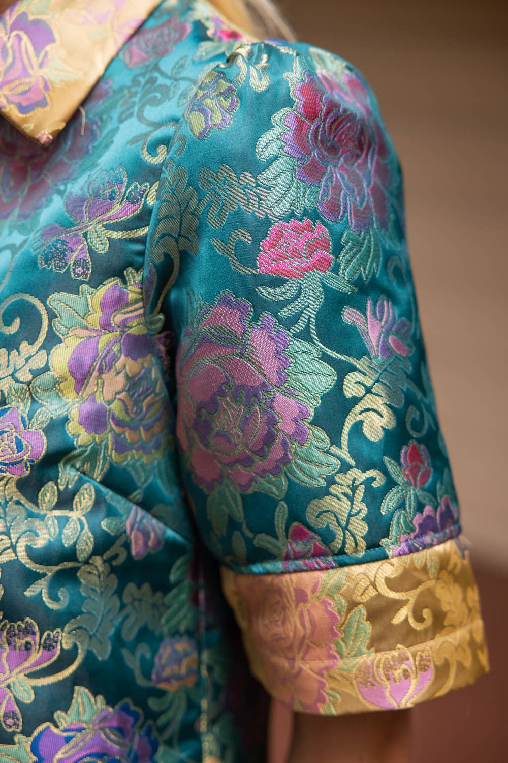 Color Block Collared Floral Jacquard Dress