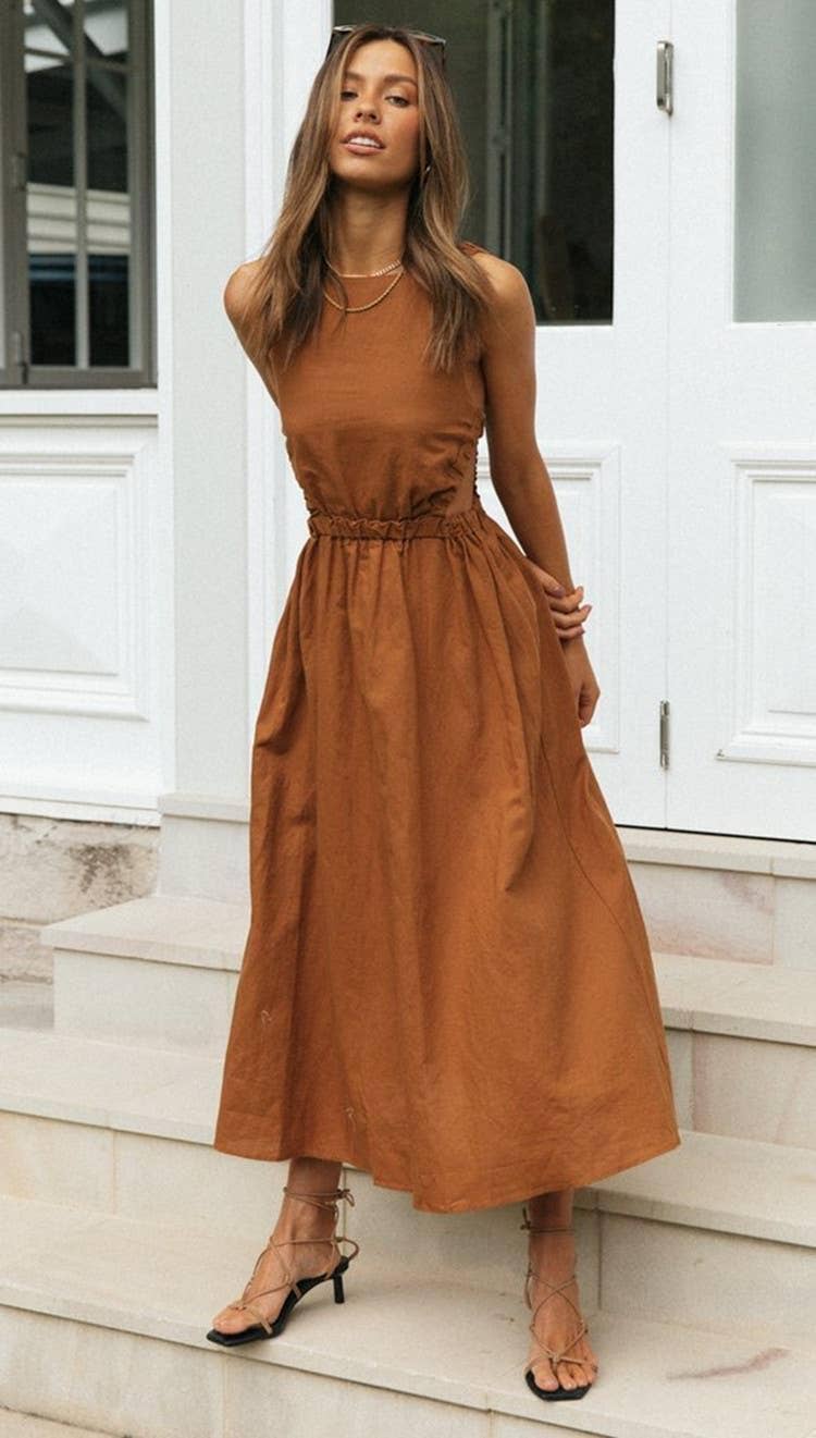 Ladies Elastic Strape Back Sleeveless Midi Dres