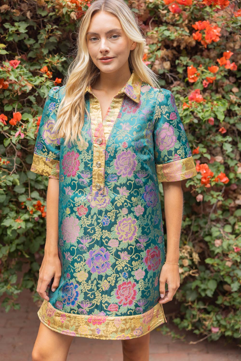 Color Block Collared Floral Jacquard Dress