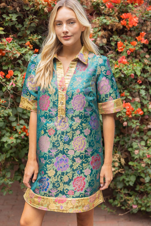 Color Block Collared Floral Jacquard Dress