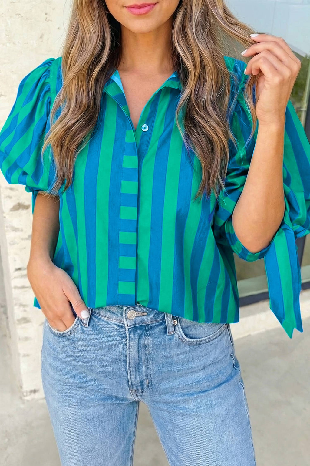 Stripe Tie Sleeve Button Down Shirt