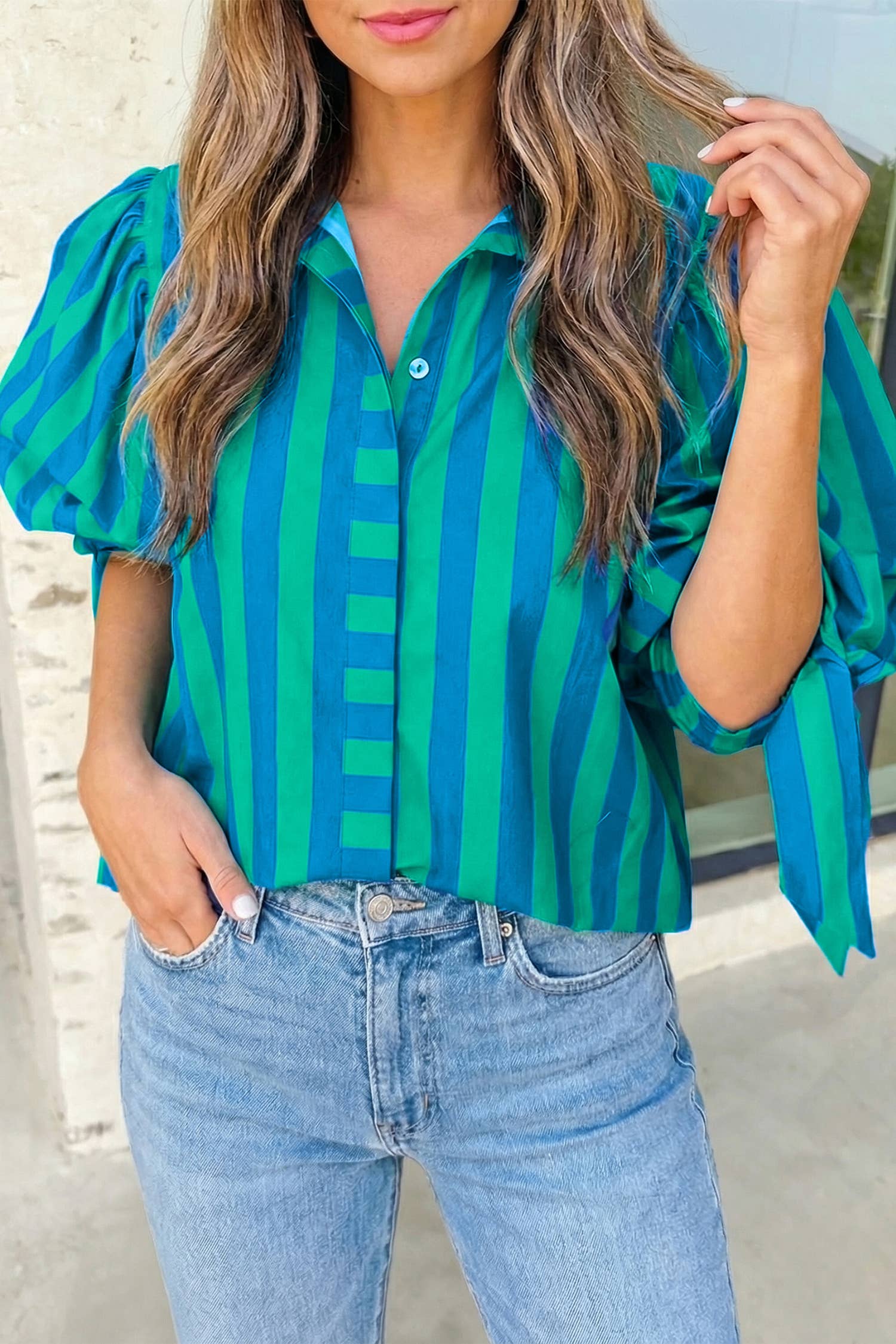 Stripe Tie Sleeve Button Down Shirt