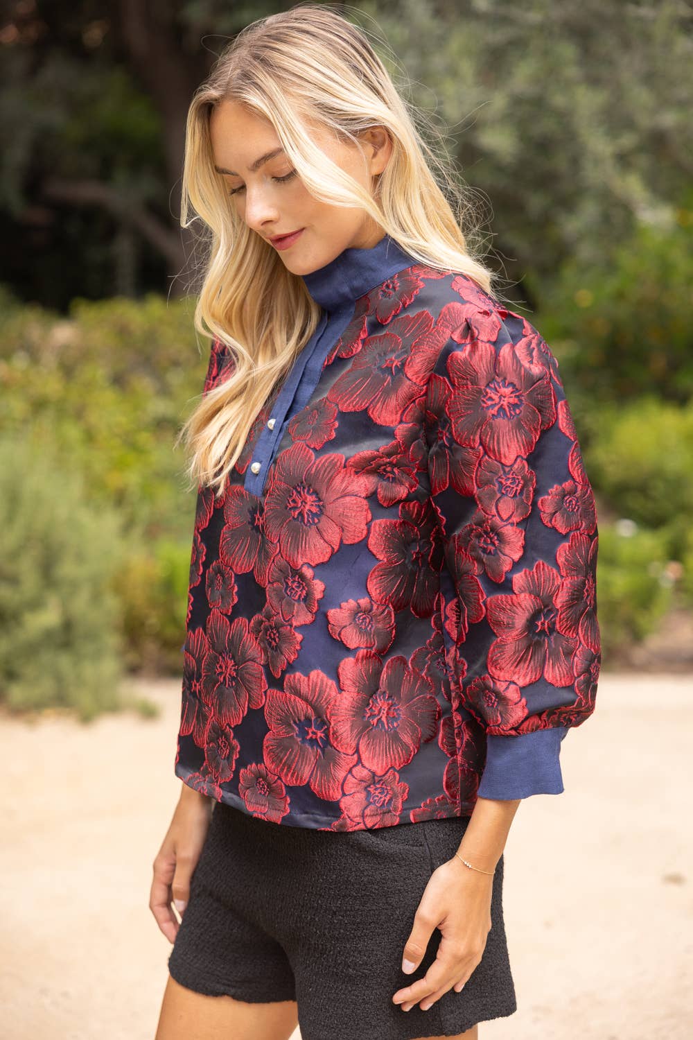 Half Pearl Button Down Floral Jacquard Top