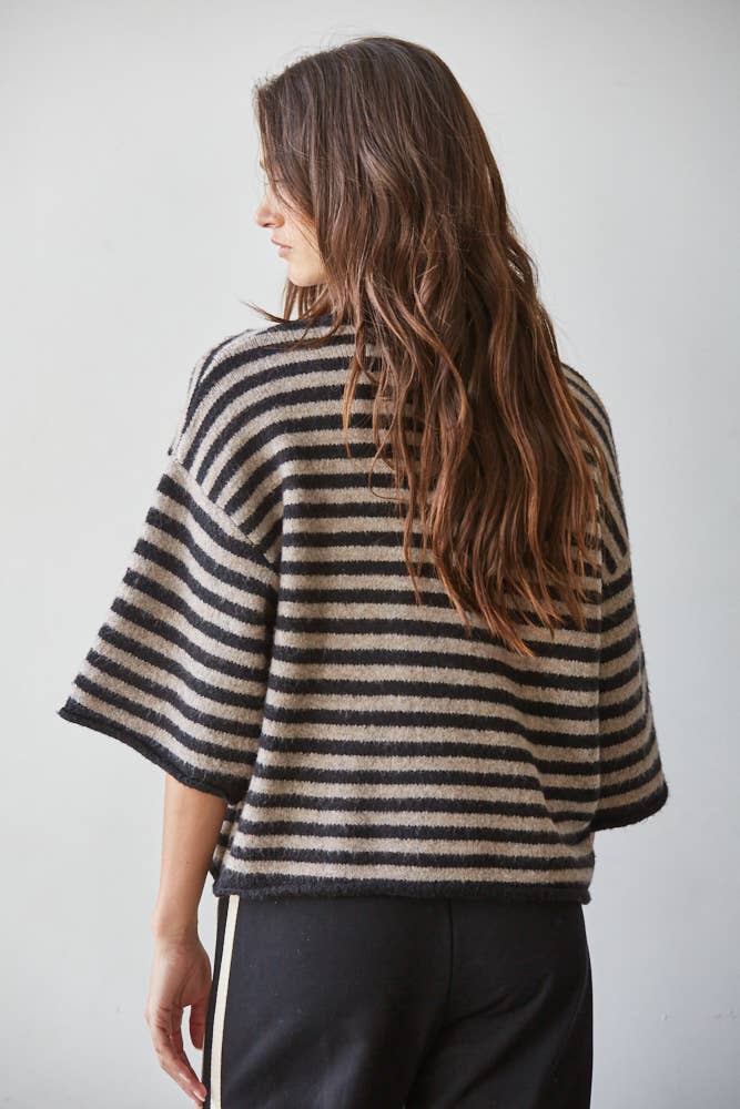 Knit Sweater Striped Quarter Sleeve Cardigan