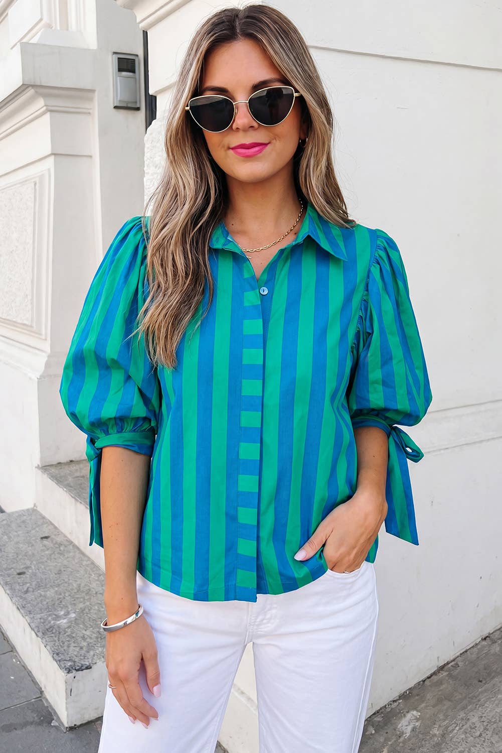 Stripe Tie Sleeve Button Down Shirt