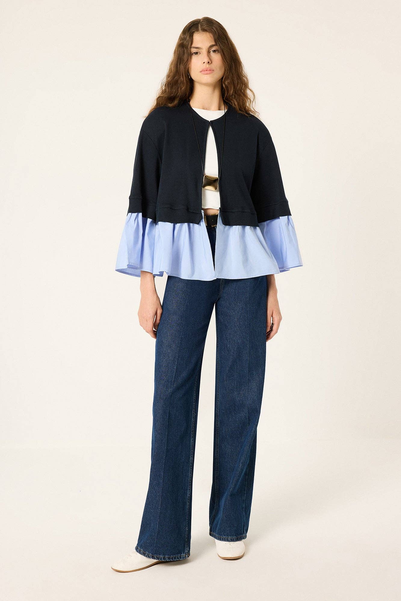 Layered Knit & Poplin Ruffle Jacket