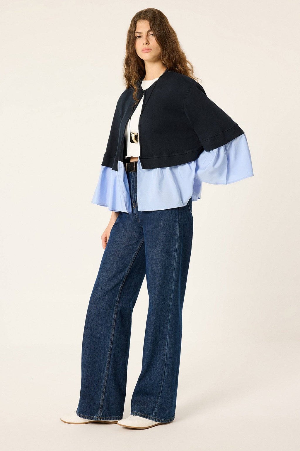 Layered Knit & Poplin Ruffle Jacket