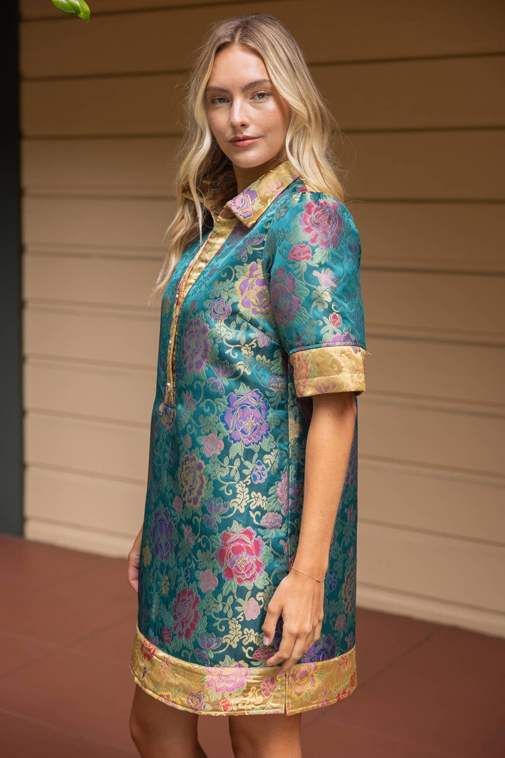 Color Block Collared Floral Jacquard Dress