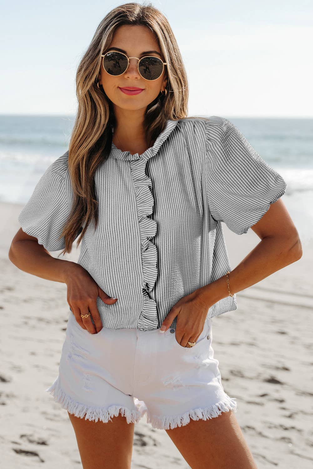 Texture Striped Ruffled Detail Shirt