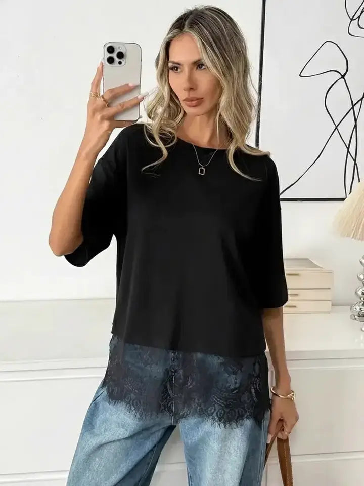 Black Lace Trim Soft Lightweight Relaxed Fit Top